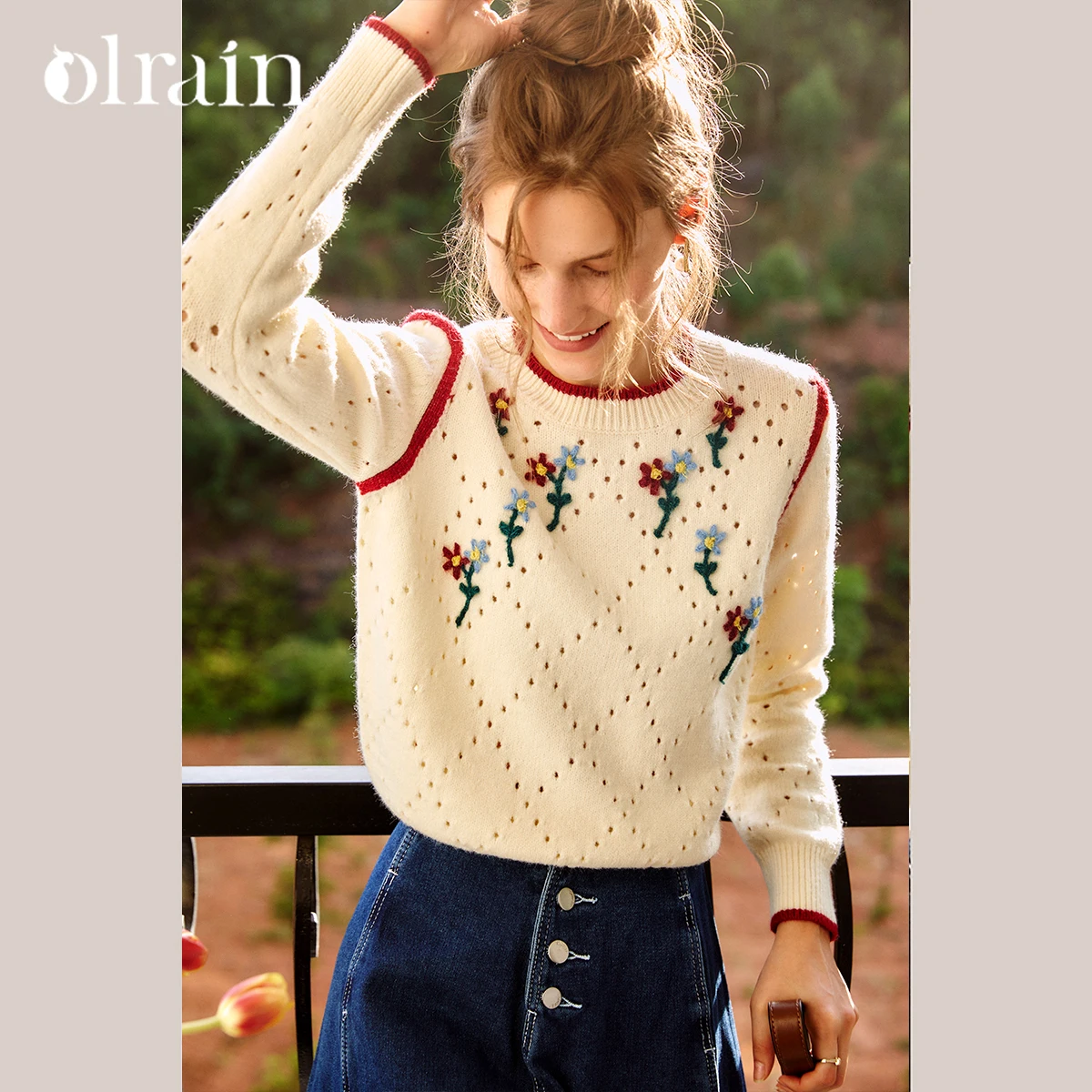 

OLrain 3d вязаный крючком свитер с цветочным принтом женский зима 2025 милый стиль контрастного цвета топы женские пуловеры с круглым вырезом O57QM53908