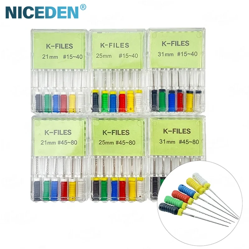 NICEDEN 6 Pcs/Pack  Dental  Hand Use K-Files  21mm/25mm/31mm  Hand Use Dental Root Canal Files Treatment Tools Dental Files Lab