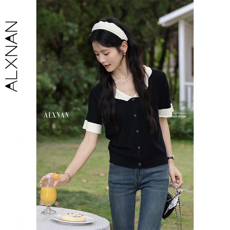 

ALXNAN Women's T-shirt Black V-neck Elegant Chic Buttons Design Knit T-shirt 2025 Summer Color Block Short Sleeve Tops L55180