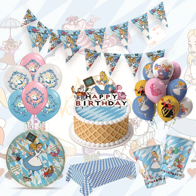 Alice Wonderland Party Theme Tableware Paper Cup Plate Cake Birthday Disposable Decorations Baby Shower Children Party Supplies