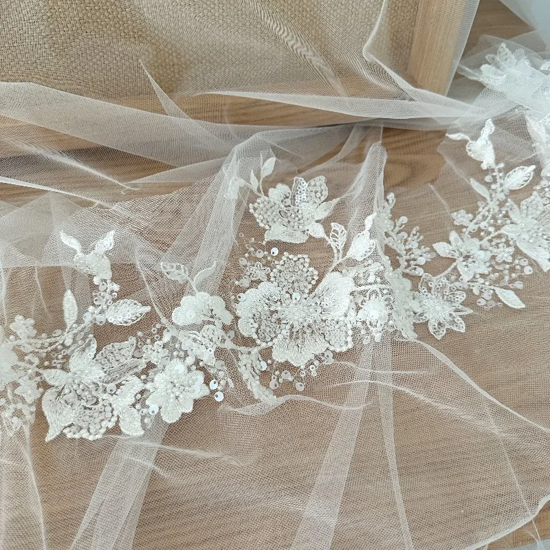 Custom Beaded Flower Lace Trim for Veil Wedding Dress DIY Applique Embroidered Lace