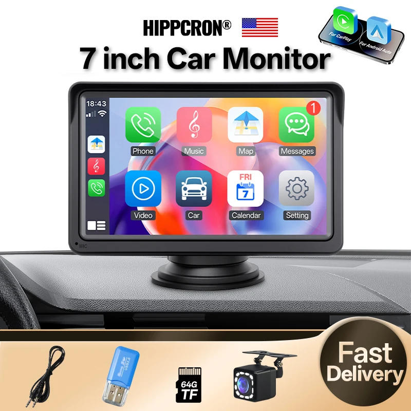 

Hippcron Portable Car Stereo Radio 7inch Multimedia Player IPS Touch Screen Support Wireless Carplay&Android Auto Mirror Link