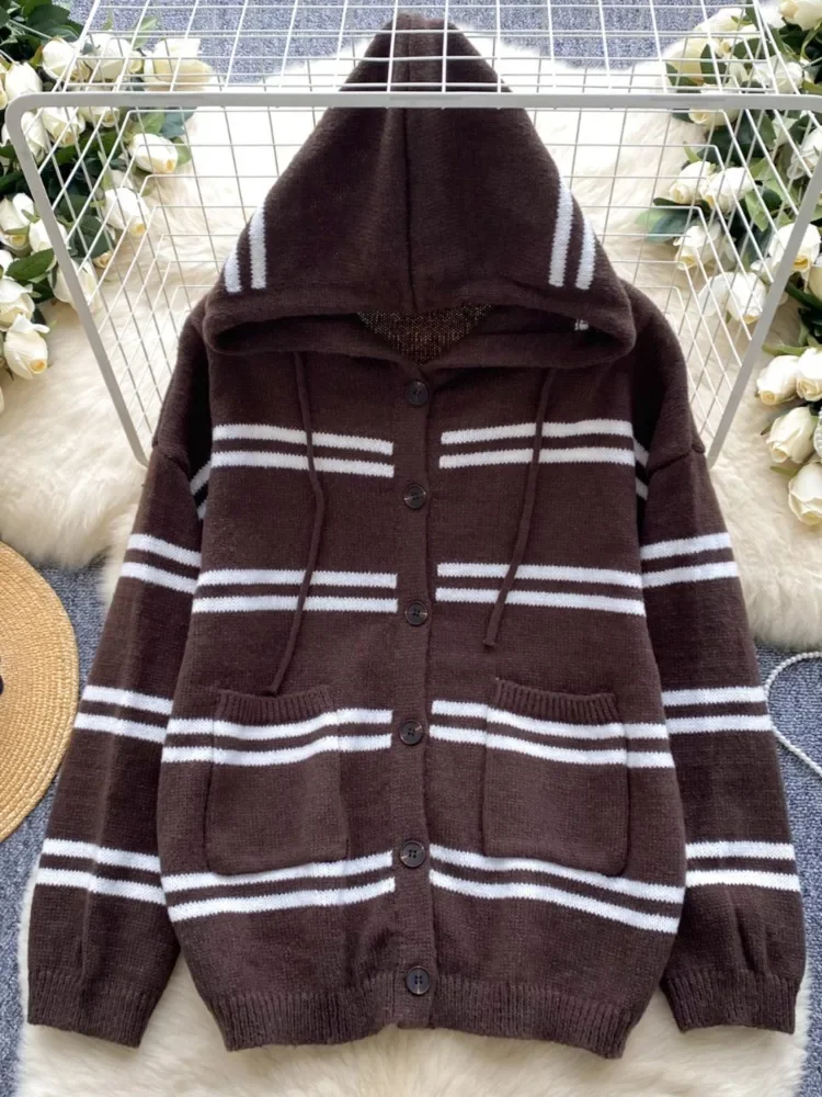 Hikigawa Chic Fashion Women Vintage All Match Hoodies Sweaters Autumn Contrast Color Striped Hooded Knitted Cardigan Tops Mujer