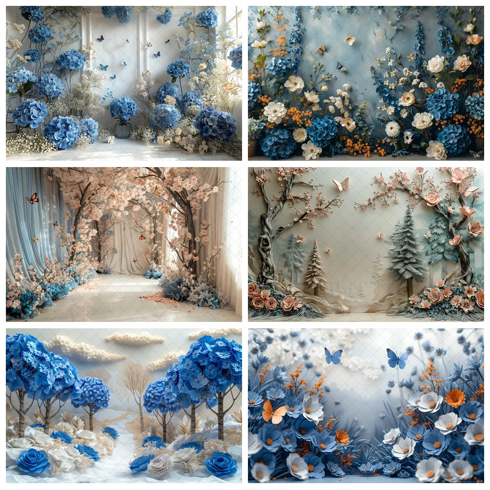 

Blue Butterfly Floral Photography Background Spring Garden Flowers Baby Shower Birthday Wedding Lantern Decor Photocall Backdrop