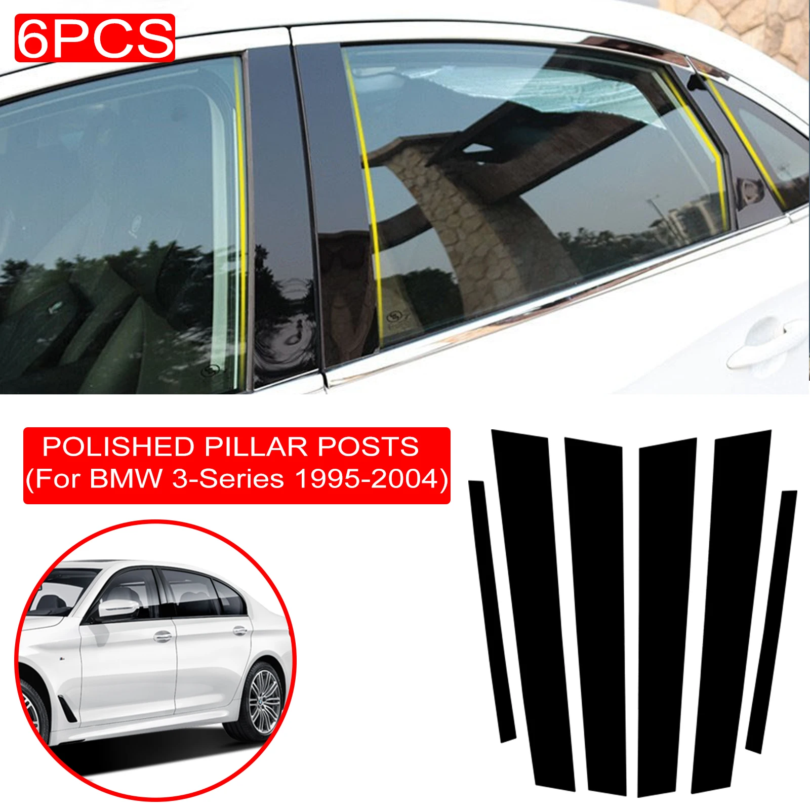 

6PCS Window Trim Cover BC Column Sticker Fit For BMW 3 Series E46 Sedan 1995-2004 Gloss Black Polished Pillar Posts