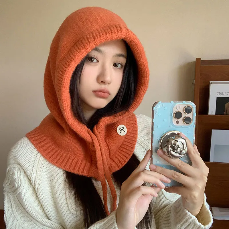 

Ins новые однотонные шапки-балаклавы на шнурке для женщин, осенние и зимние уличные лыжи, теплые индивидуальные универсальные шапочки