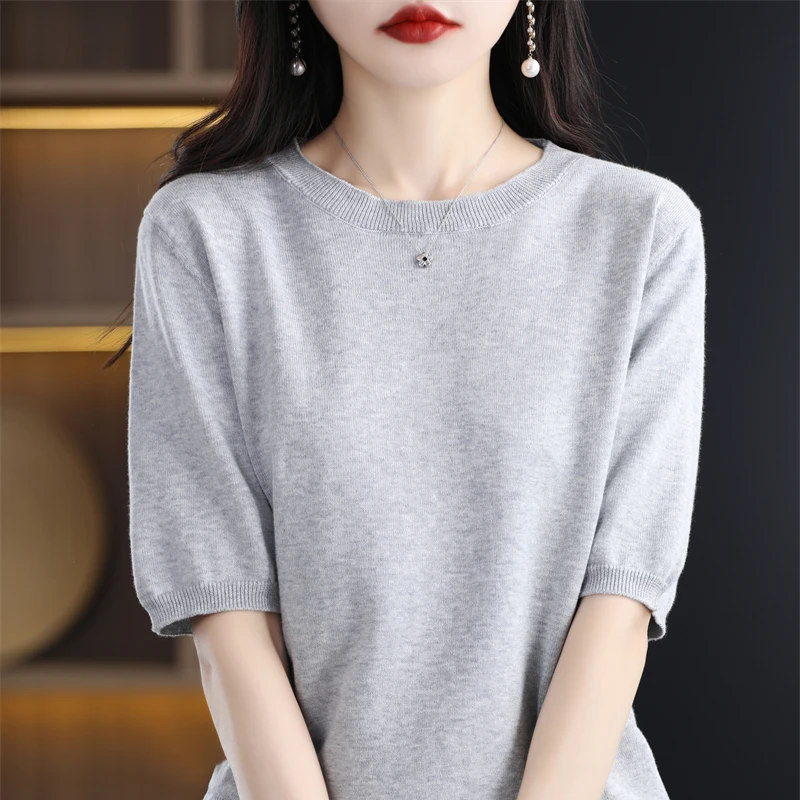 Summer 100% Cotton Knitted Short-Sleeved T-shirt Women's Round Neck Loose Semi-Sleeve T-shirt Top