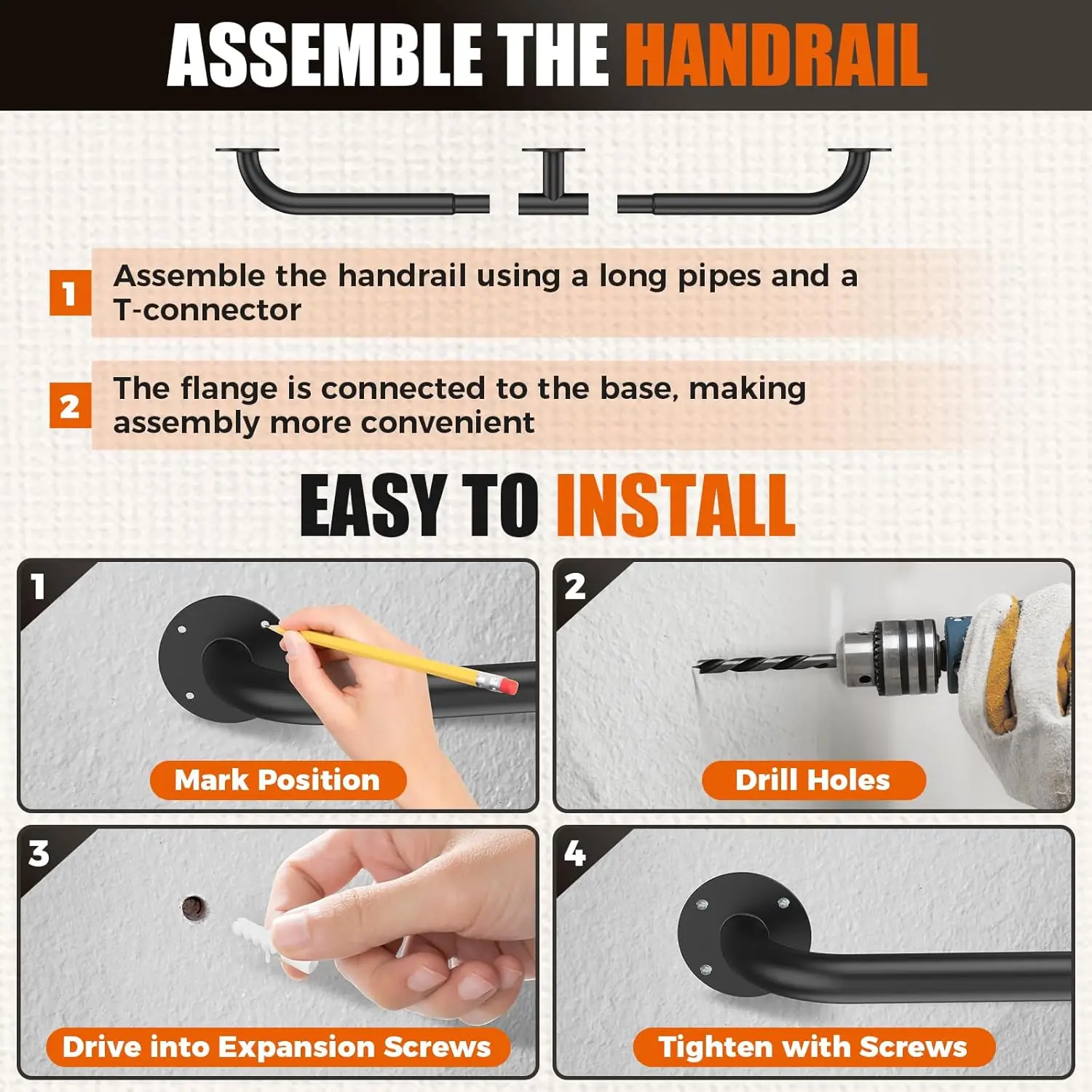 Stair Railing Indoor,6FT Pipe Stair Handrail,440LBS Load Capacity Black Galvanized Iron Hand Rail,Industrial Wall Mounted Metal