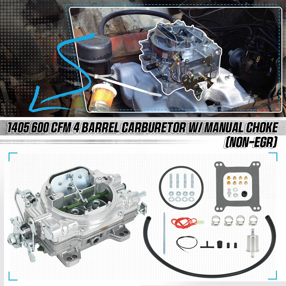 Replace For Edelbrock 1405 Performer 600 CFM 4 Barrel Square Bore Carburetor w/ Manual Choke Aluminum