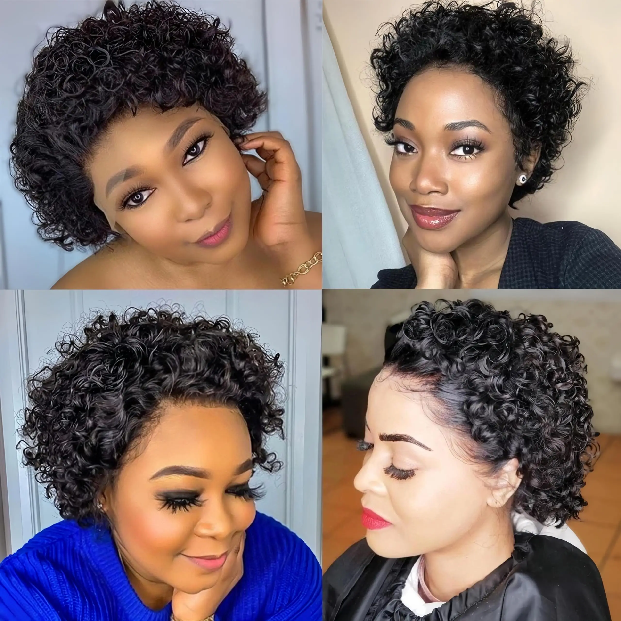 Pelucas de cabello humano para mujeres negras, pelo corto y rizado con corte Pixie Bob, frontal con pelo de bebé, encaje 13x1, densidad del 180%, prearrancado # 1B