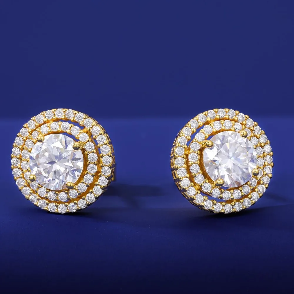 أقراط مويسانيتي مزدوجة هالة برغي خلفي من الفضة الإسترليني المطلية بالذهب عيار 18 قيراط - أقراط مويسانيتي كبيرة الحجم للنساء