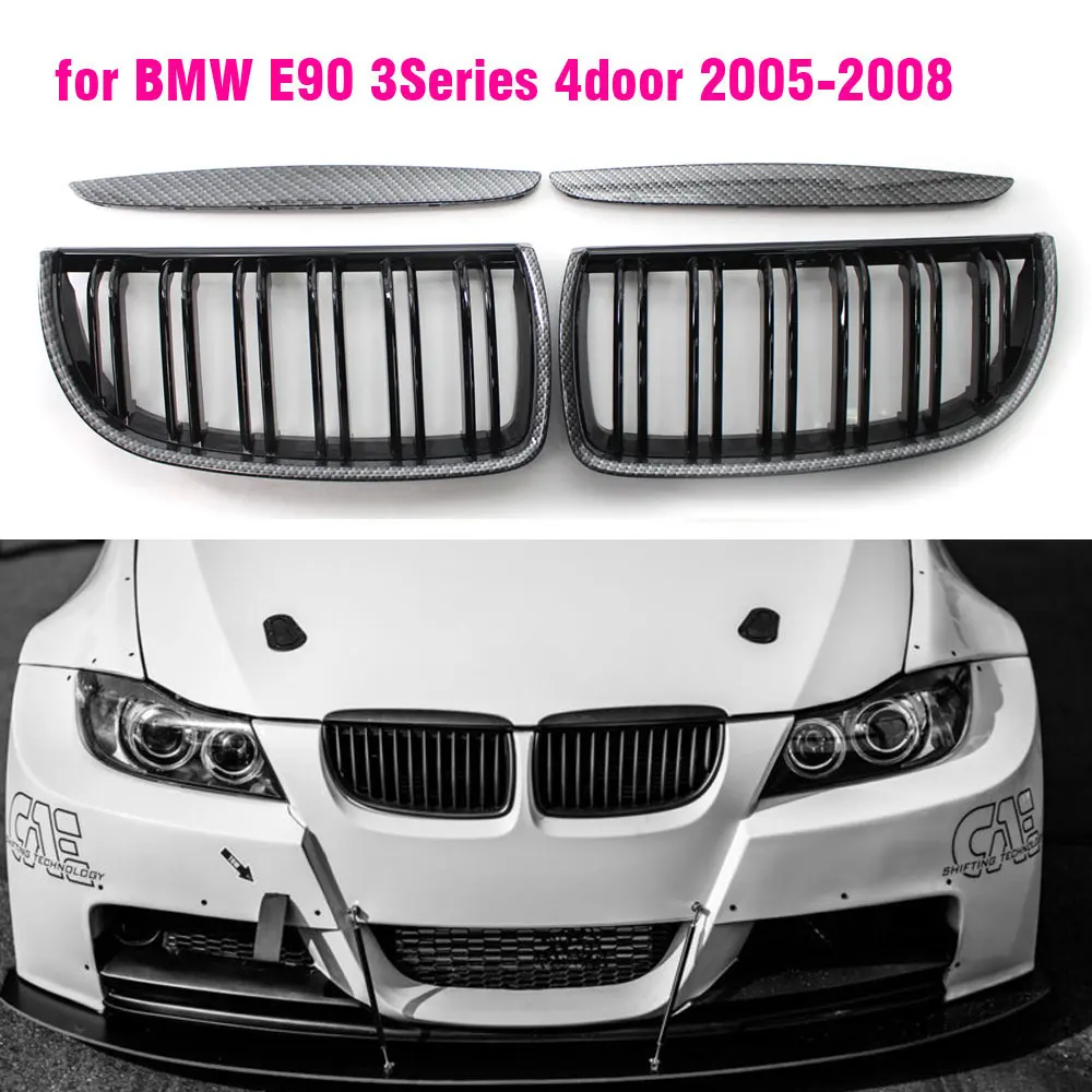 Carbon Fiber Front Hood Kidney Grille Compatible For BMW E90 323i 325xi 330i 328i 328xi 335i 335xi Pre-Facelift  Glossy Black