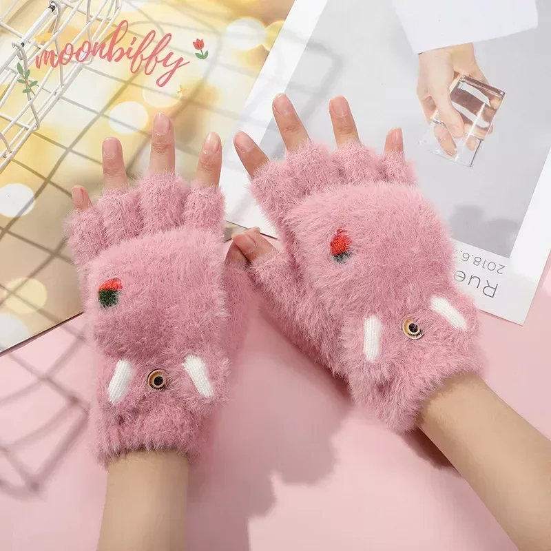 Mitaines sans doigts en peluche pour femmes, gants optiques pour filles, mitaines à rabat, chaud, doux, flexible, demi-doigt, lapin, chat, mode,