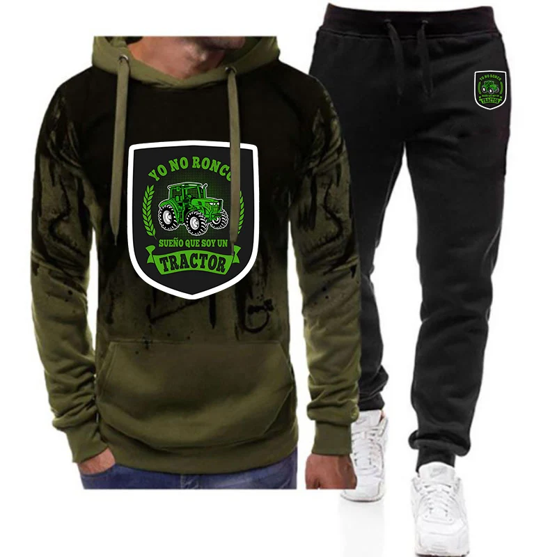 2025 Yo No Ronco Sueño Que Soy Un Tractor Print Men's Spring Autumn New Gradient Color Hooded+Casual Pants Two Piece Suit