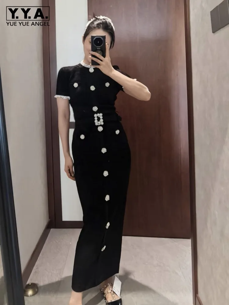 

Винтажное женское приталенное платье миди с поясом и стразами, весна-осень, с коротким рукавом, на одной пуговице, для вечеринок, элегантное, с запахом