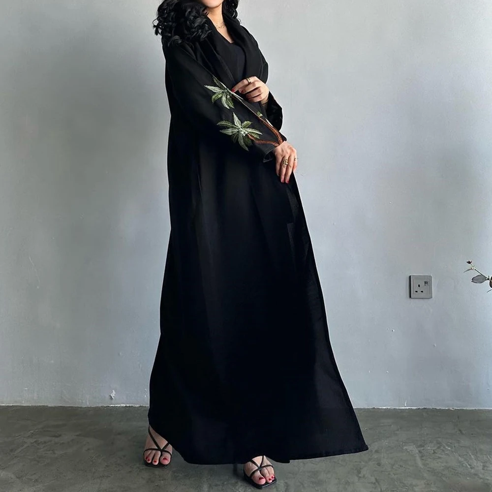 New 2024 Black Casual Open Kimono Abaya For Muslim Women Ramadan Eid Jalabiya Embroidery Long Sleeve African Moroccan Robe