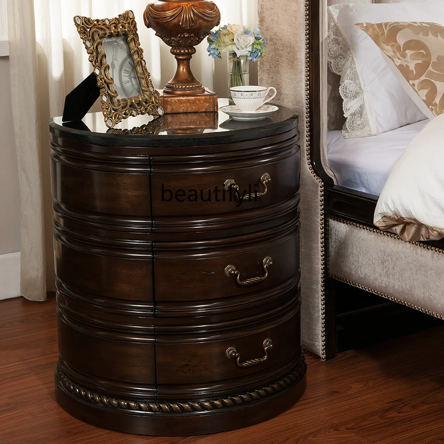 European-Style Solid Wood Semicircle Bedside Table Antique Carved Bedroom Bedside Cabinet Marble Top