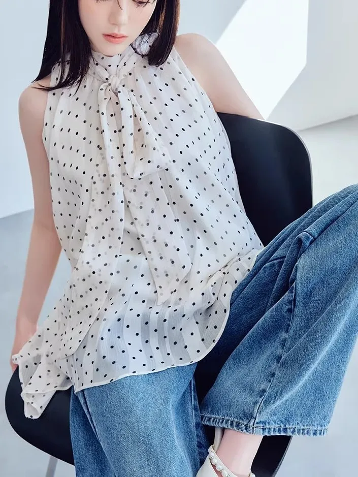 

F Home Elegant Japanese Style Spring Summer New Arrival Sleeveless Polka Dot Bow Tie Pure Color Ruffle Hem Shirt Top
