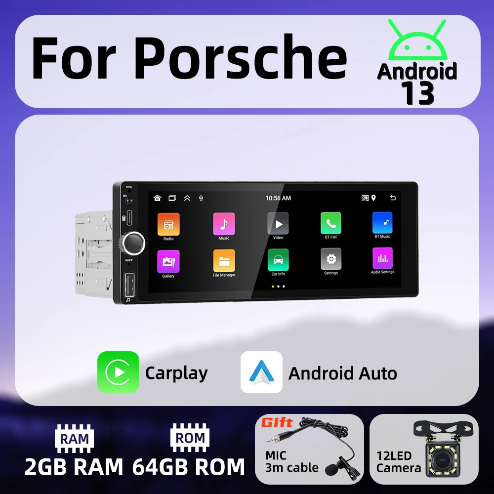 

1 Din Wireless Carplay Android Auto Radio Android Car Multimedia for Porsche 6.86" Screen Stereo Head Unit Autoradio GPS BT Wifi