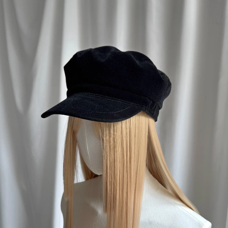 Zwart fluwelen krantenverkoper hoed met brede rand Platte matrozenpet Dames high-end look Effen kleur Marine stijl Retro cosplay hoeden