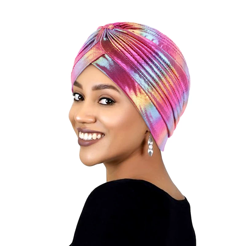 Colorful New Women Laser Silky Ruffle Metallic Turban Hair Cover Accessories Wave Caps Bonnet Salon Hat Turban Headwrap