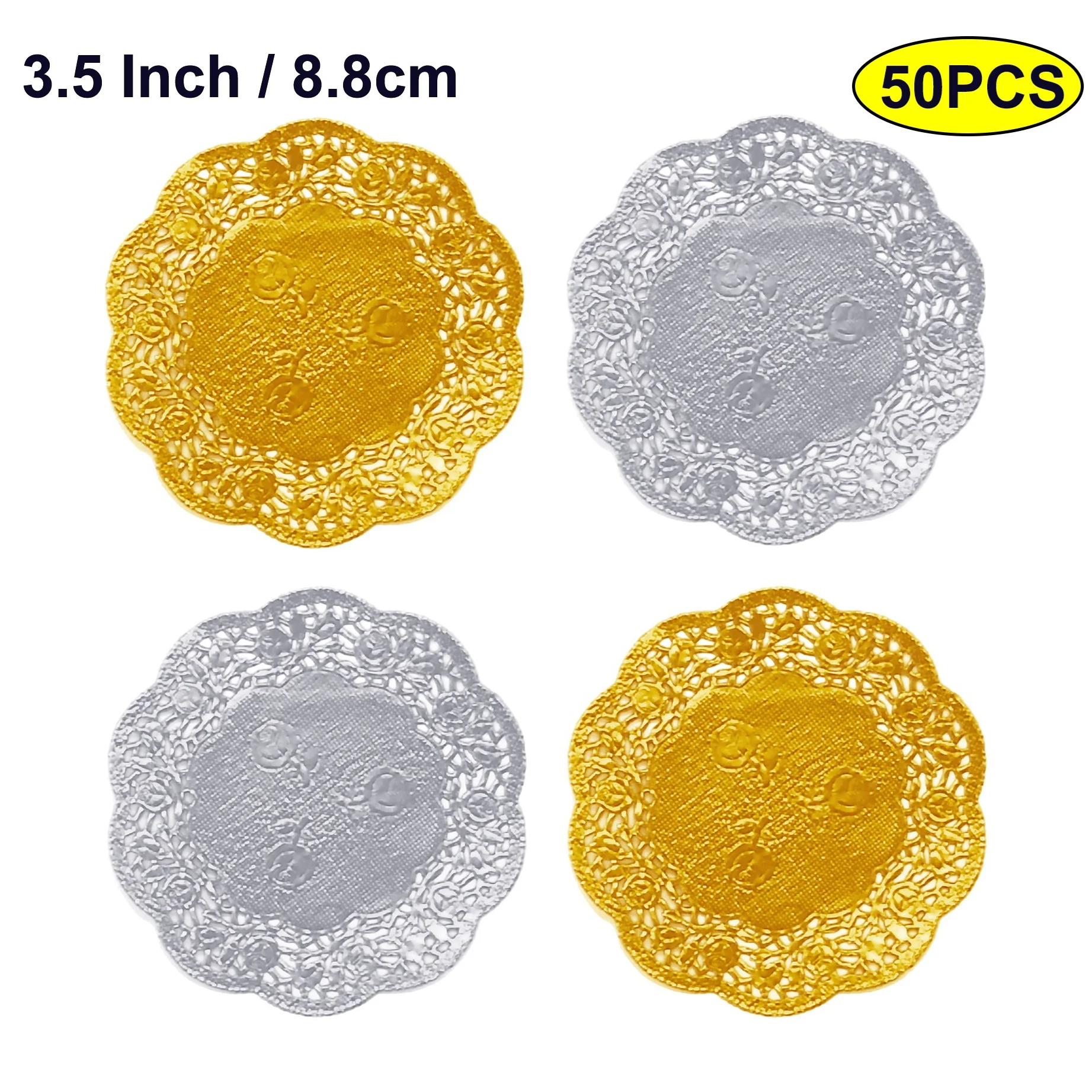 

50PCS 3.5 Inch Gold & Silver Lace Paper Doilies 8.8cm Decorative Circle Paper Mats for Dinner Gathering Party Table Decorations