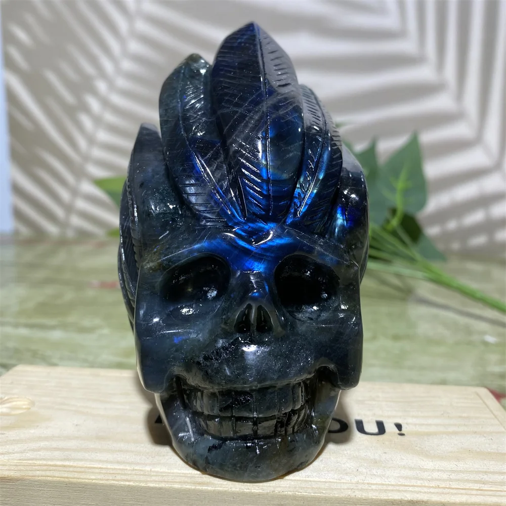 

Blue Labradorite Indian Skull Carving Stone Crystal Natural Minerals Spiritual Stone Reiki Living Ornaments Home Decoration