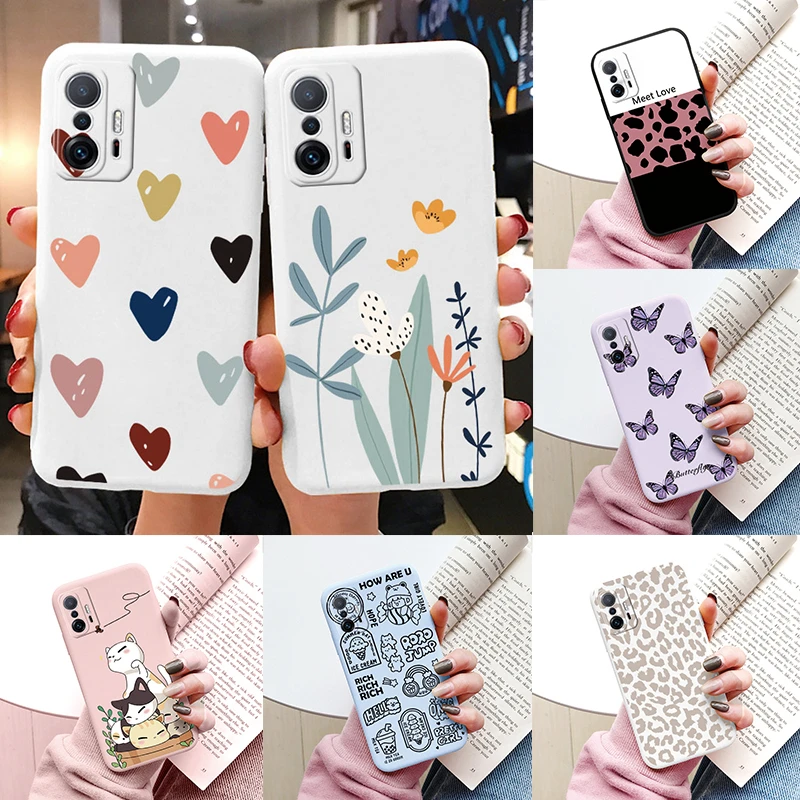 Flower Phone Case For Xiaom Mi 11T 11 T Pro Funda Cute Heart Cartoon Owl Xiaomi 11T Mi11T Pro Matte Soft TPU Back Cover Bumper