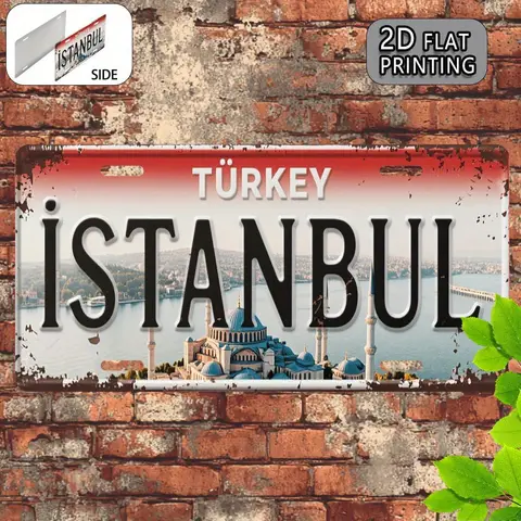 İstanbul Türkiye Mavi Cami Manzarası Temalı Alüminyum Metal Tabela 2D Düz Baskı Eskitilmiş Plaka Stili Duvar Dekoru