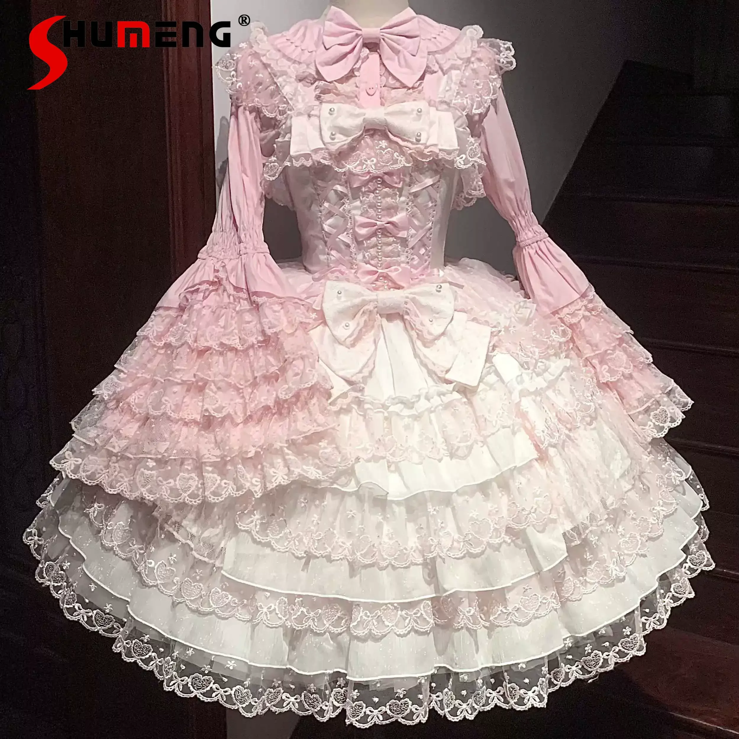 

Original Design Pink Lolita Jsk Suspender Dress Sweet Girl Women's Long Sleeve Inside Shirt Princess Sling Cake Dress with Cape