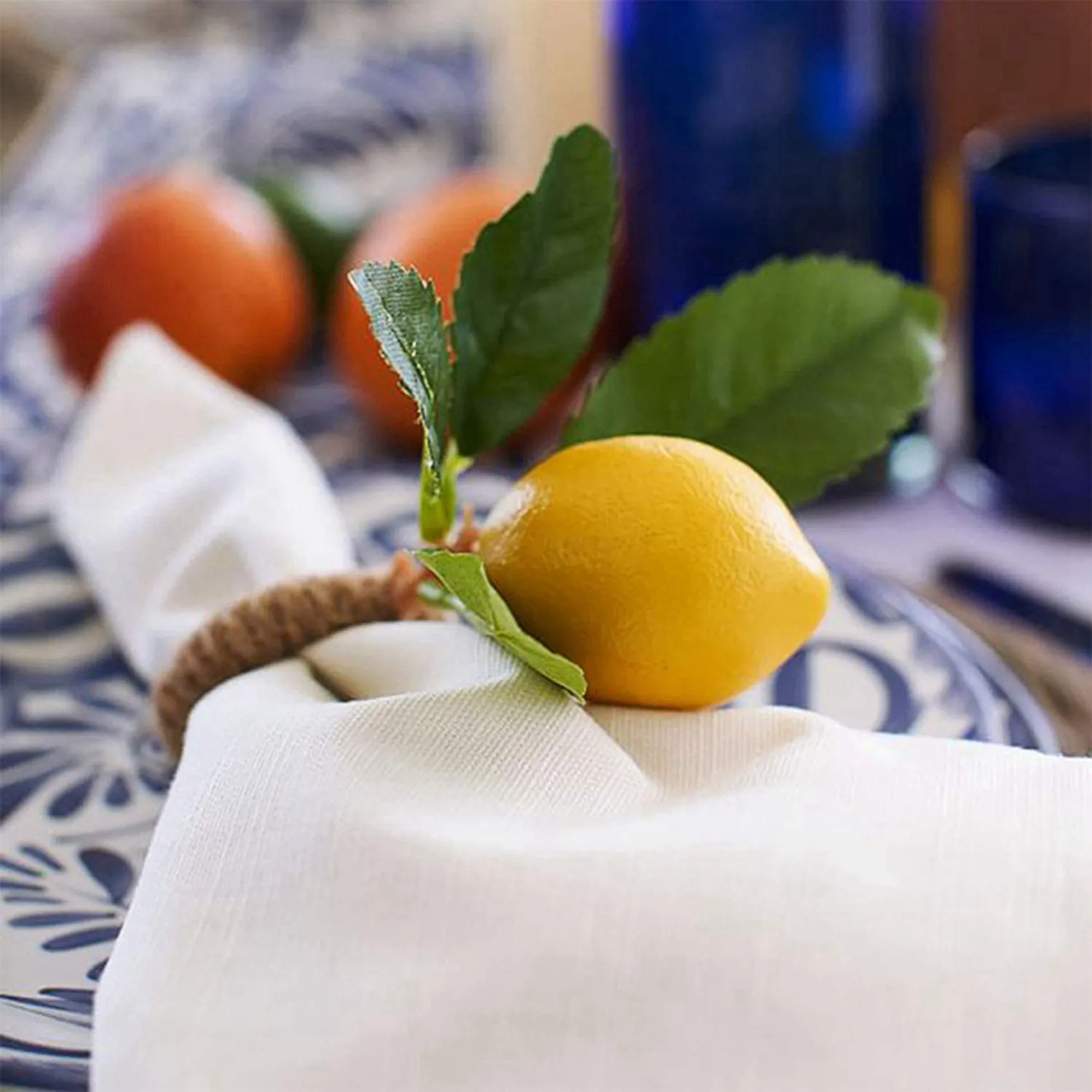 

A53Q-20PCS Handmade Napkin Rings Yellow Faux Lemon With Vine Napkin Ring For Wedding, Dinner Party, Banquet, Serviette
