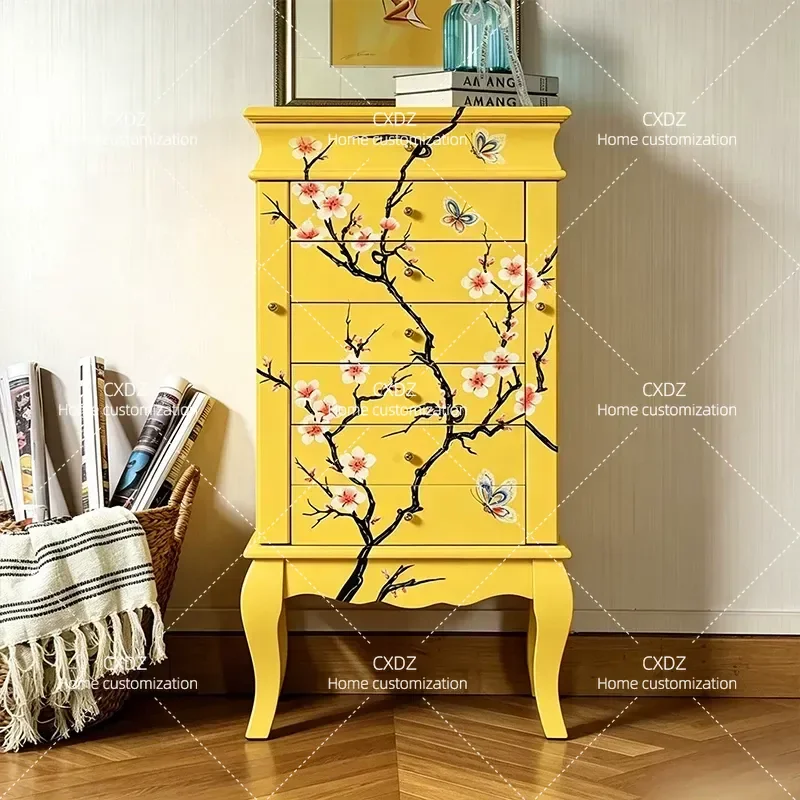 New Chinese Style Painted Jewelry Cabinet Flower and Bird Pattern Bucket Dresser Multifunctional Flip Top Storage Locker