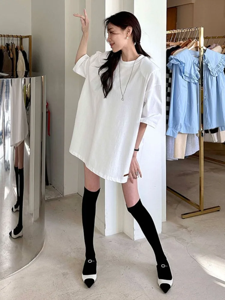 South korea Dongdaemun 2024 Early Spring Summer New South korea Loose Fashion Labeling Shoulder Pad Mid-Length T-shirt Women