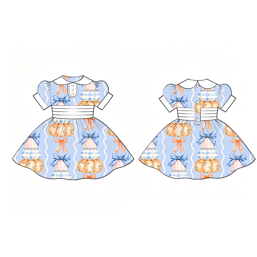 Boutique Toddler Girls Dress Peter Pan Collar Short Sleeve A Line Dress Kids Thanksgiving Day Pumpkins and Bows Print Outfit
