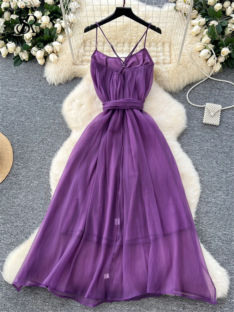 SINGREINY Purple Elegant Party Dress Women Corss Straps Hollow Out Backless Bow Bandage Split Senior Chic Chiffon Evening Dress