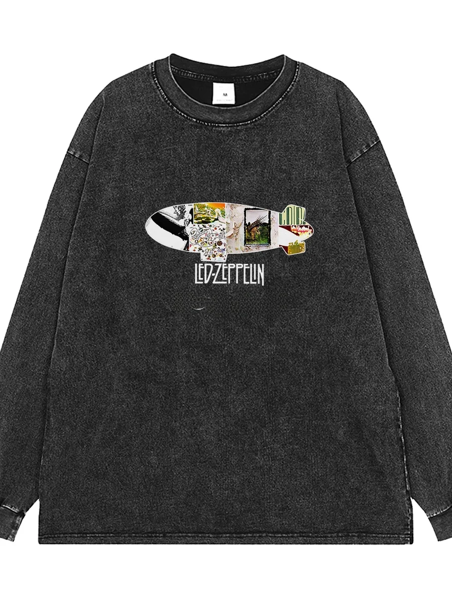 Washed Vintage Grey American Street Rock Shoulder Drop Loose Long Sleeve T-Shirt  Band Print Casual Cotton Tee