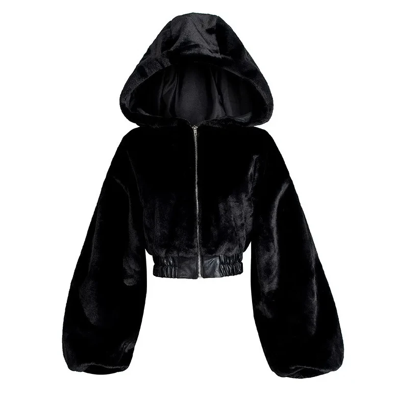 

New European and American Big-name Street Style Short High-waisted Textured Fluffy Hooded Jacket Women's Top