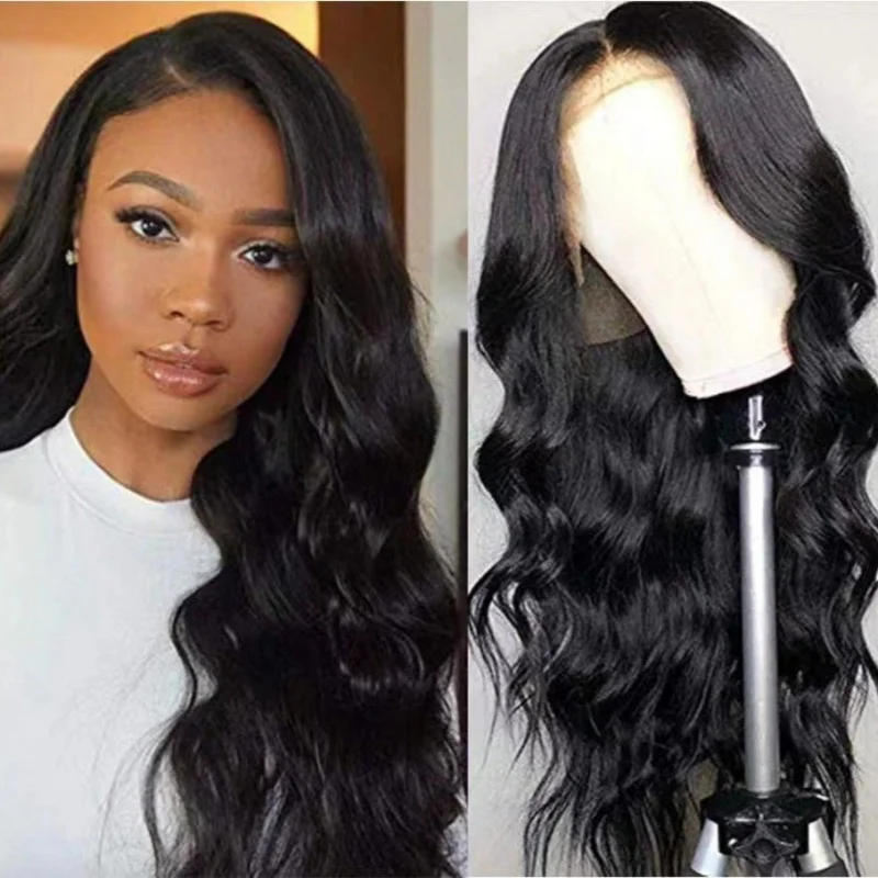 Women's with middle parting, black long wavy synthetic hair, wig cap