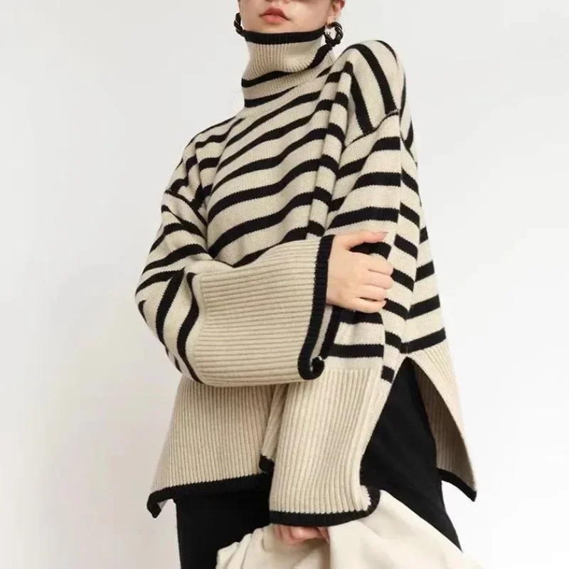 Women New High Collar Striped Sweaters Elegant Warm Side Slit Loose Knit Pullovers Autumn Winter Fashion Lantern Sleeve Jumpers