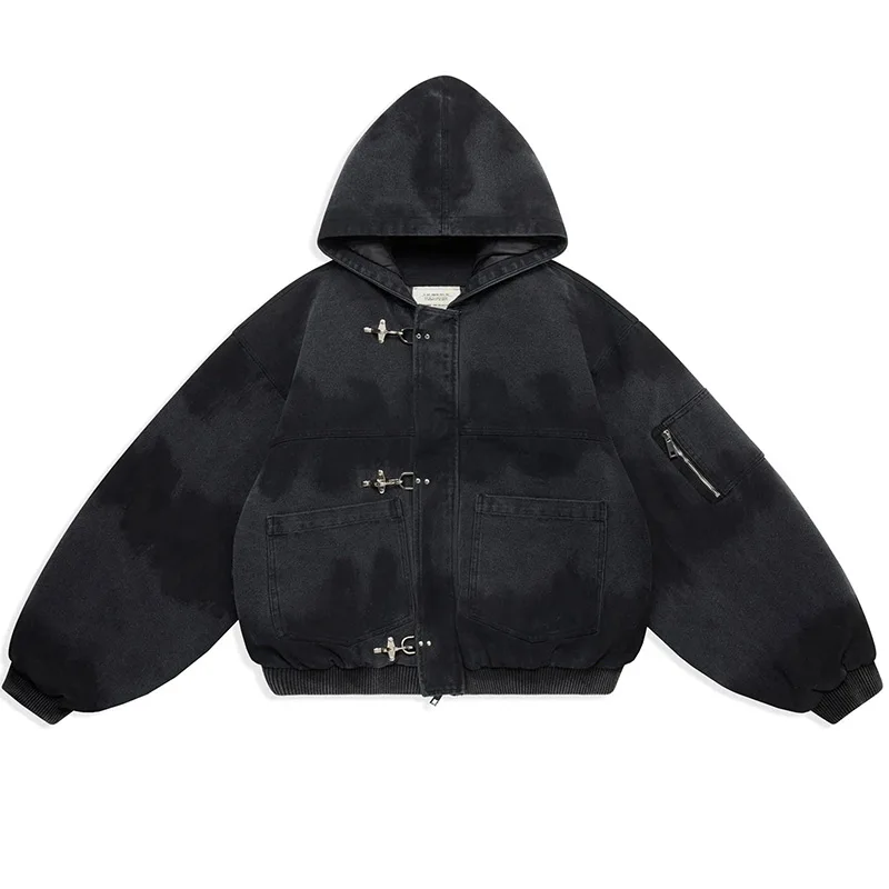 

Vintage Tie Dye Women's Jacket Retro Metal Button Short Hooded Coat Loose Pocket Zipper Outerwears 2025 New Autumn Lady Jackets