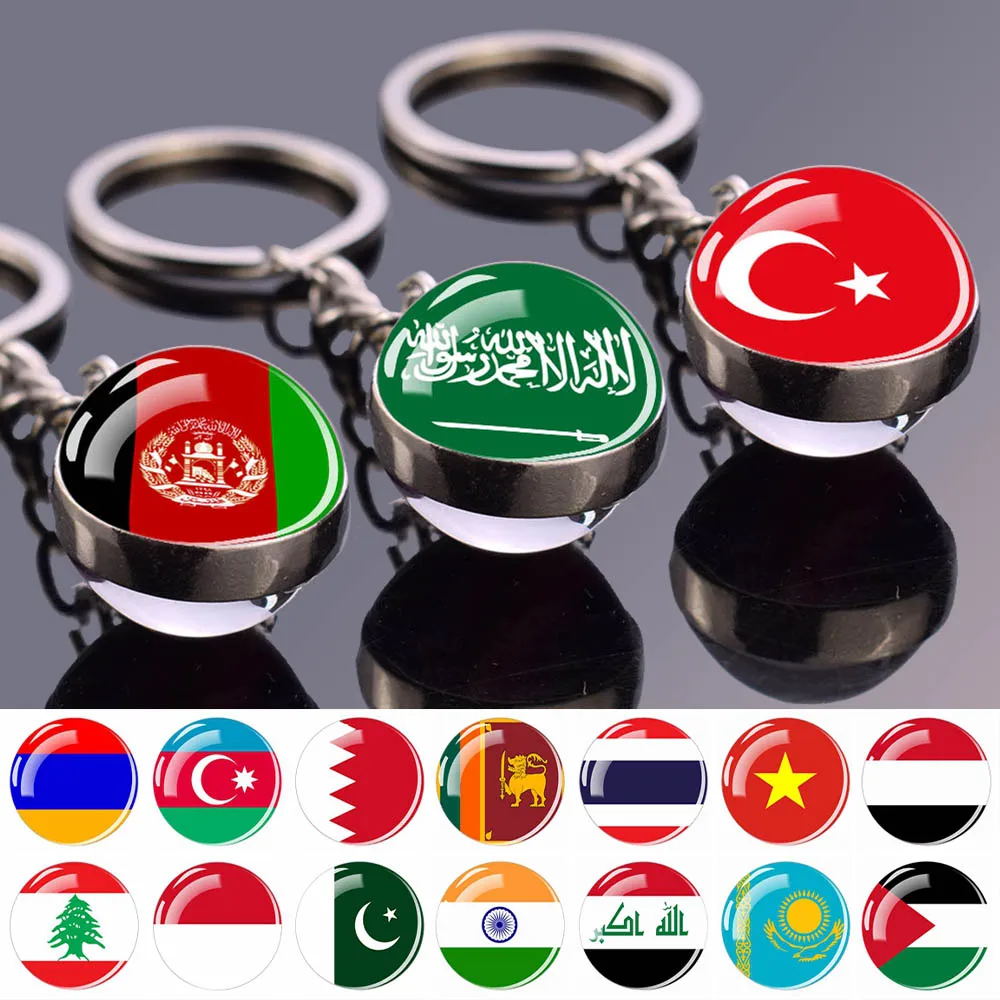 سلسلة مفاتيح بدلاية على الوجهين للرجال والنساء ، حلقة مفاتيح كروية زجاجية ، علم البلد الآسيوي ، مجوهرات ، تذكار ، هدية ، تذكار