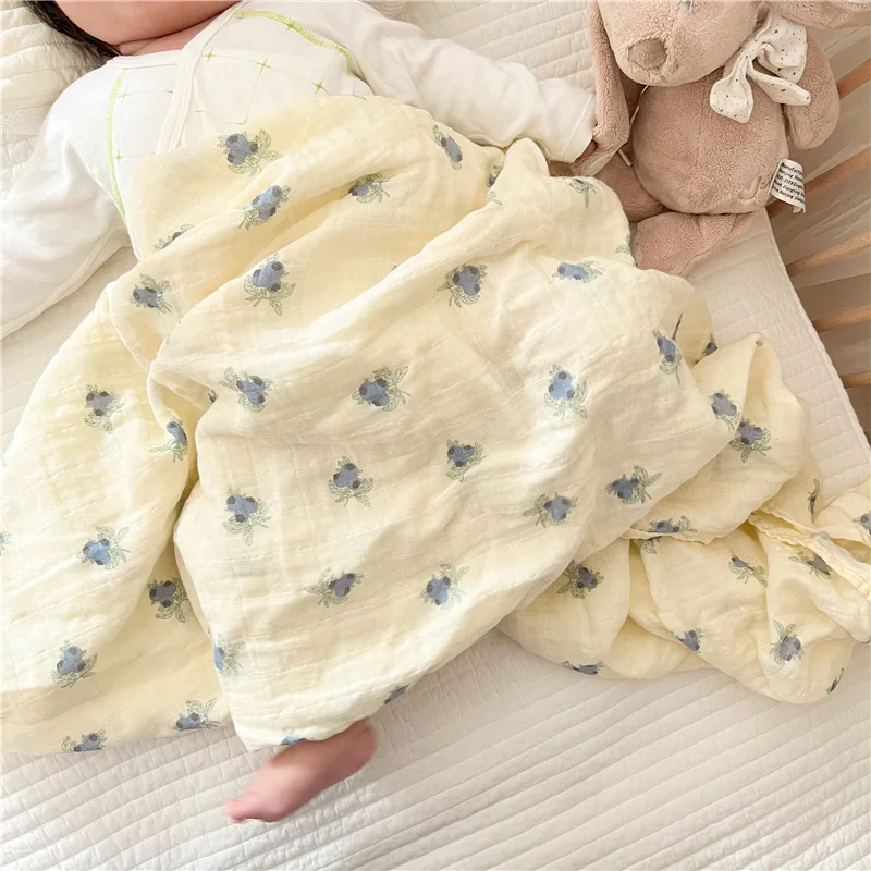 Baby Newborn Blueberry Print Cotton Muslin Swaddle Blanket Muslin Wrap Baby Burp Cloth Towel Scarf Muslin Diapers Baby Stuff