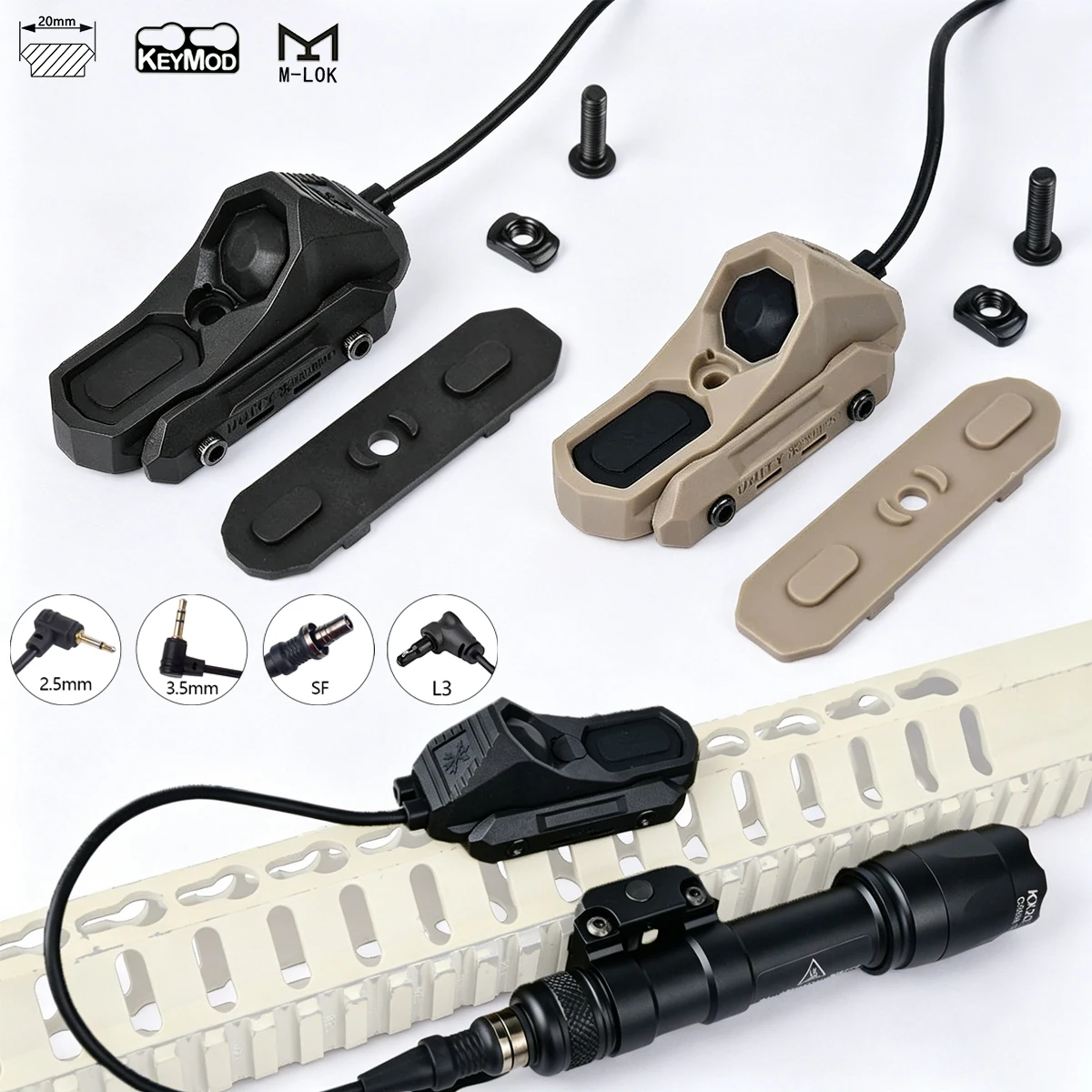 Interruptor de presión remoto de doble función AXON con enchufe SF L3 de 2,5/3,5mm para linterna Surefire M300 M600 PEQ DABL compatible con Keymod MLOK de 20mm