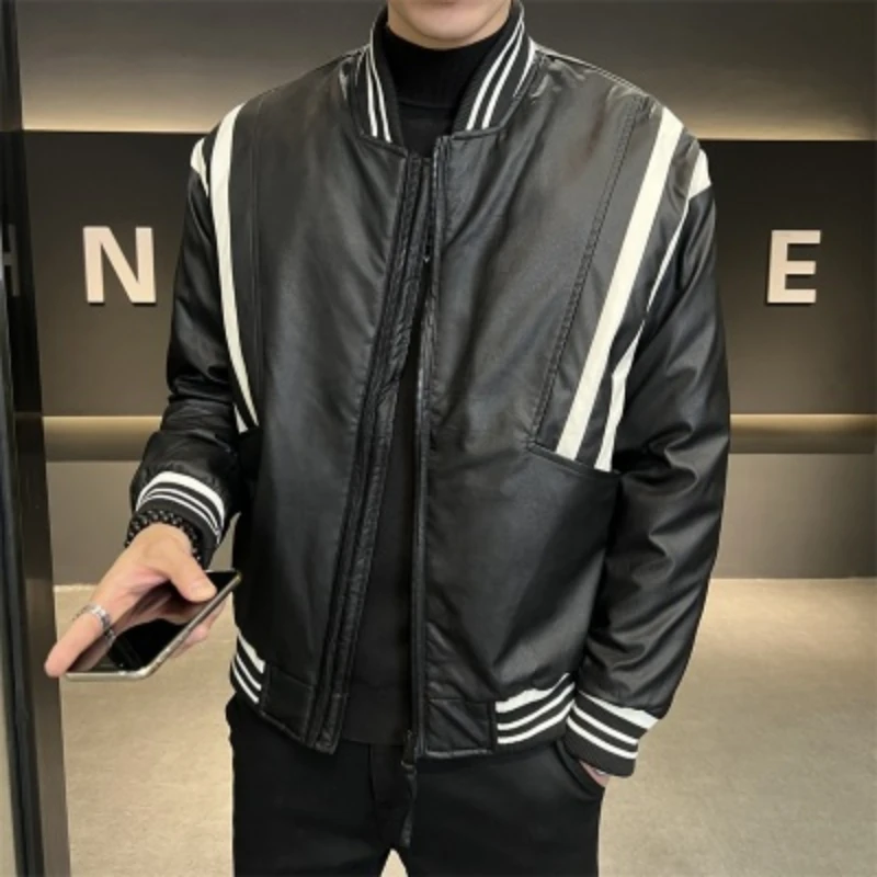 

2023 Latest Design Men Black White Color Down Leather Jacket Winter Windproof Warm Down Jacket Men Slim Casual PU Leather Jacket