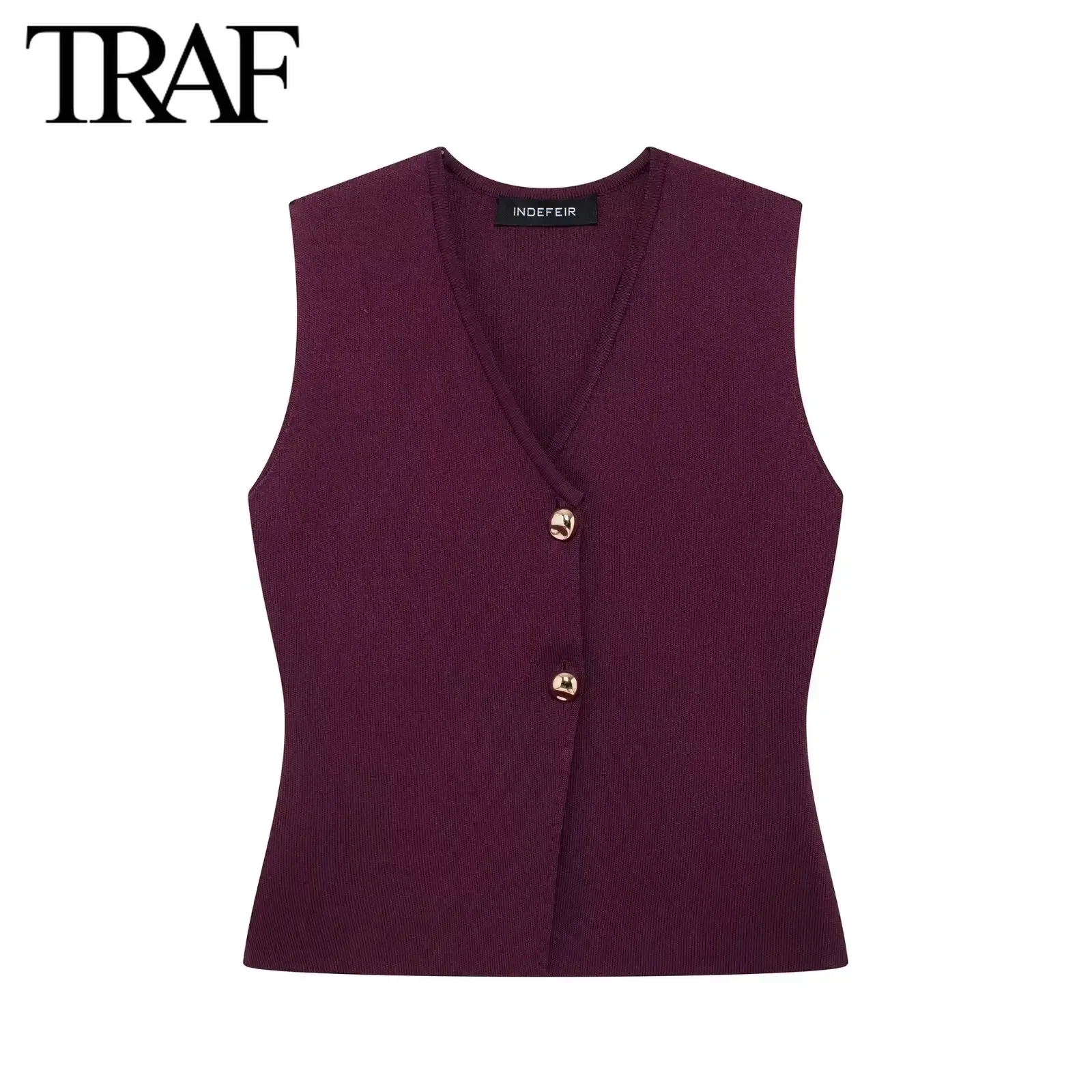 TRAF Women Fashion New Sleeveless V-neck Gold Button Single Breasted Cardigan Knitted Sweater Short Vest Sweet Chic Ladies Tops