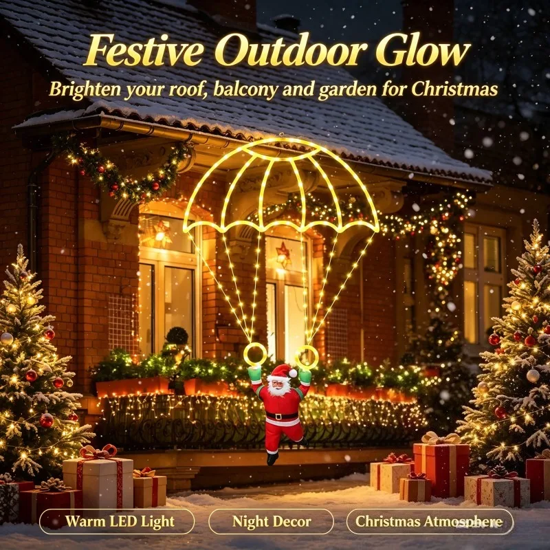 LED Santa Christmas Hanging Lights, USB Powered Parachute Decoration for Garden Balcony Holiday Decor