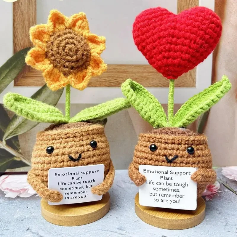 Positive Energy Hug Pocket Heart Flower Potted Plants Handmade Plush Wool Knitting Doll With Card Christmas Gift Home Room Decor