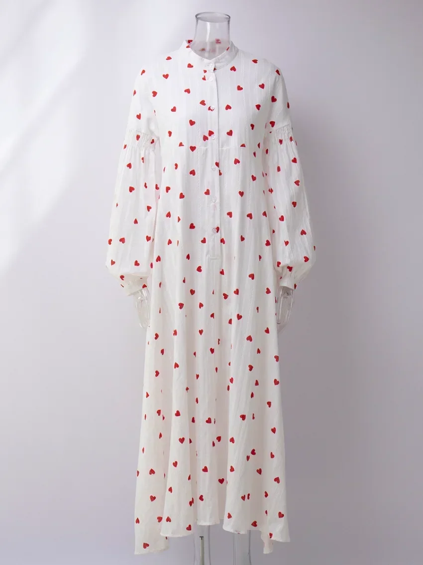 الجاكار القلب طباعة فستان بكم طويل المرأة موضة فضفاضة Vestidos خمر الإناث ألف خط 100% فستان صيفي القطن