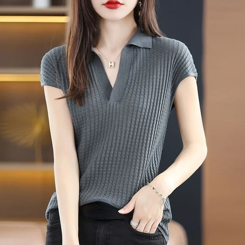 Plain T-shirt Woman Clothing Tops Short Sleeve Tee Knit Polo Neck Shirts For Women New Offer Comfortable Summer 2024 V Luxury