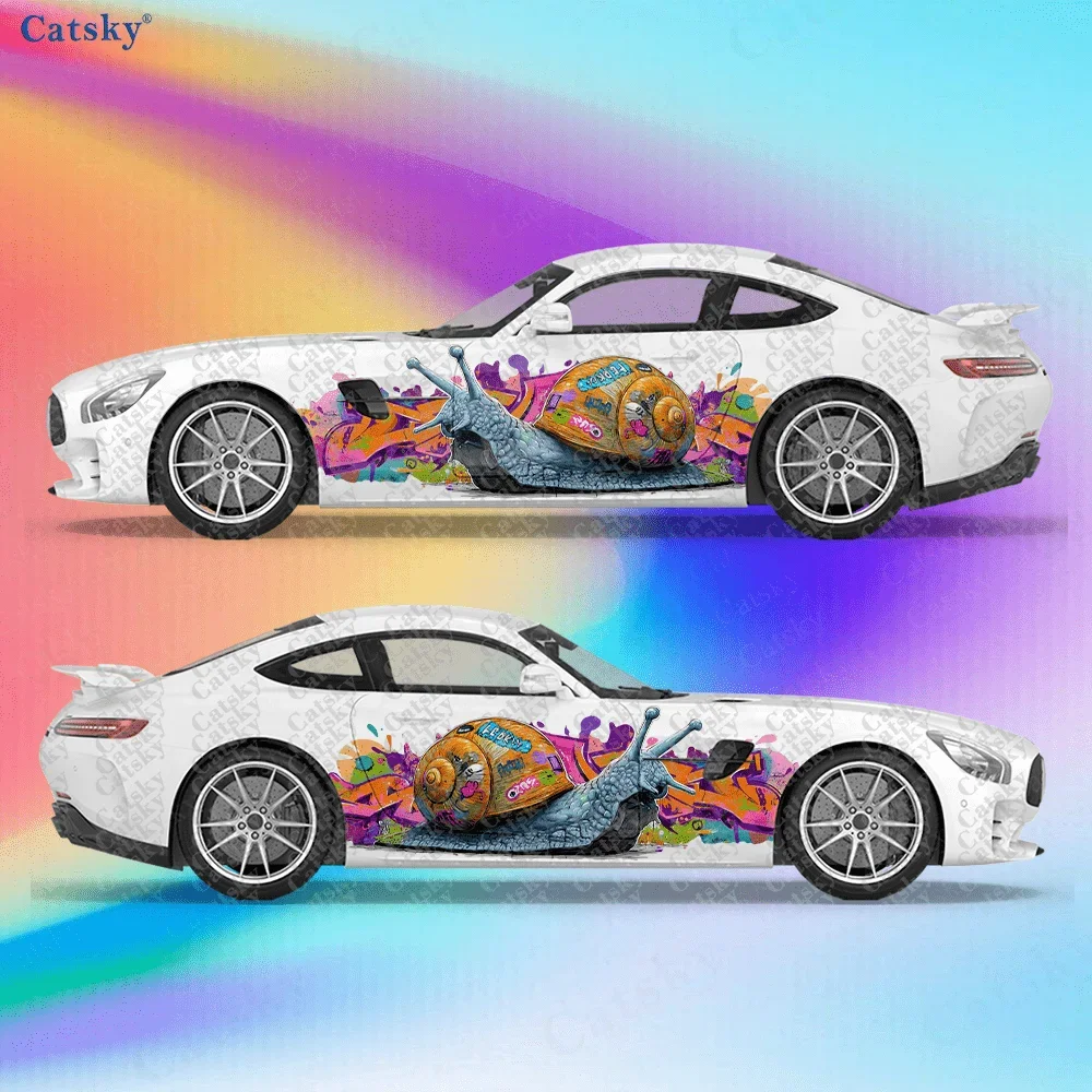 2pcs Graffiti Snail Shell Car Side Car Wraps, Self-Adhesive PVC Waterproof & Scratch-Resistant Stickers, Car Accessory Gift